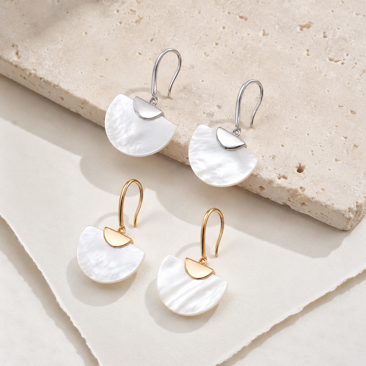 Mother-of-pearl fan drop earrings in Silver and Vintage Gold