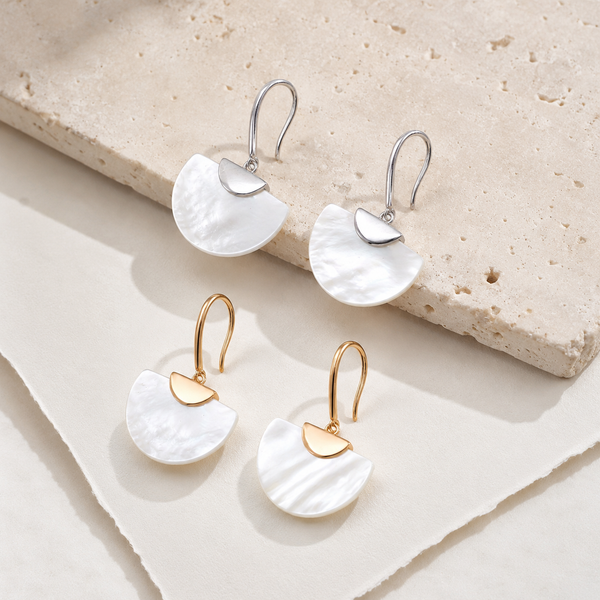 Mother-of-pearl fan drop earrings in Silver and Vintage Gold