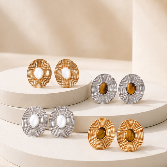 Tiger eye and mother of pearl S925 sterling silver earrings in Vintage Gold and Silver finishes