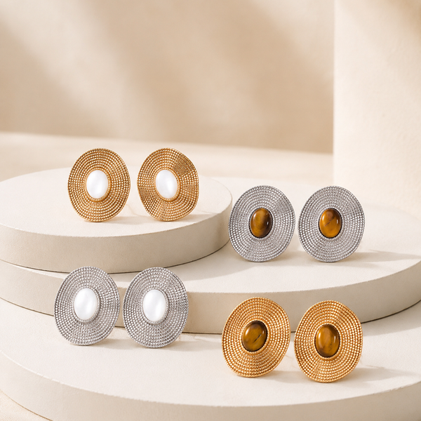 Tiger eye and mother of pearl S925 sterling silver earrings in Vintage Gold and Silver finishes