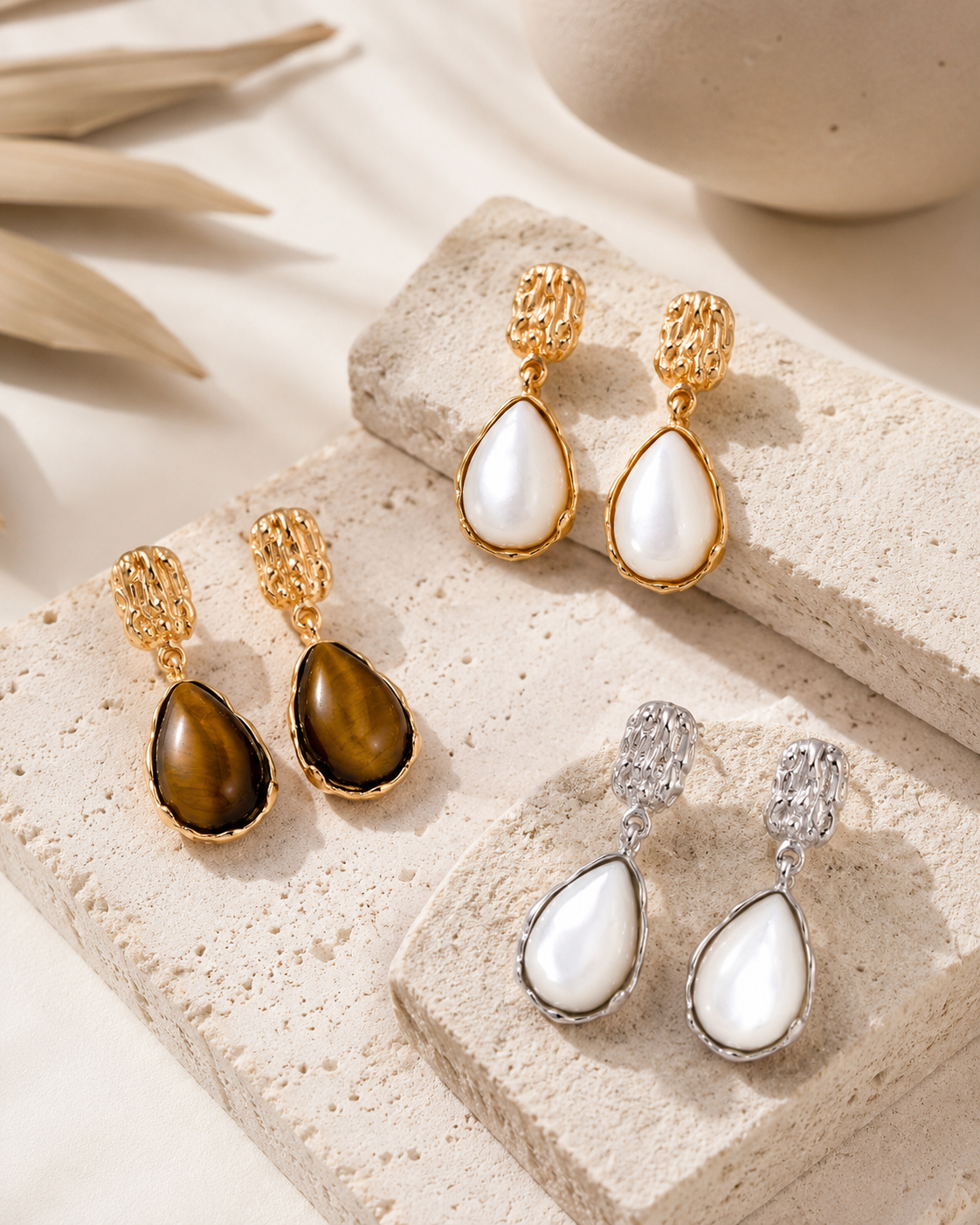 Hand-carved Mother of Pearl and Tiger Eye drop earrings in Vintage Gold and Silver