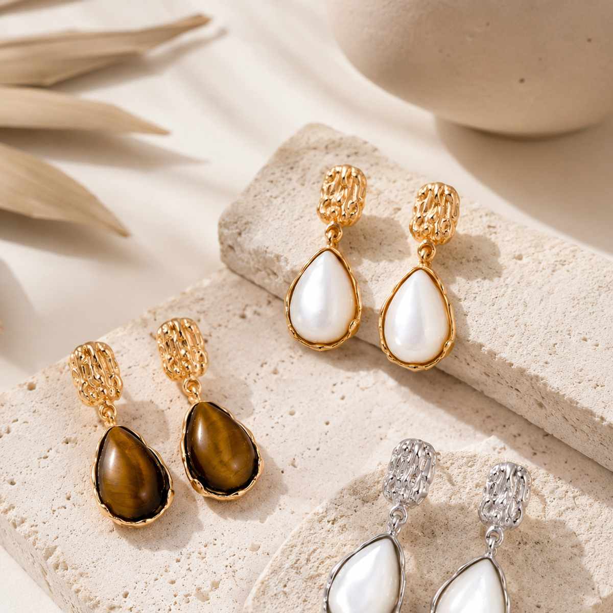 Hand-carved Mother of Pearl and Tiger Eye drop earrings in Vintage Gold and Silver