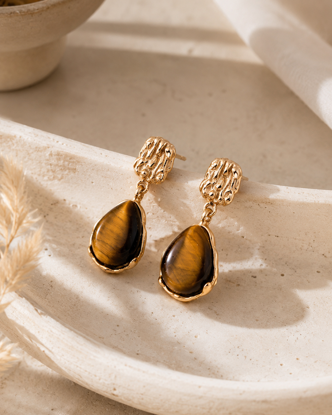 Tiger Eye drop earrings in Vintage Gold