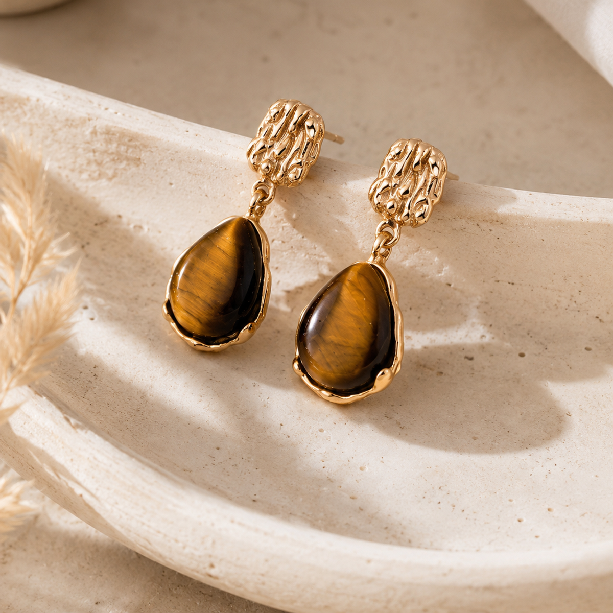 Tiger Eye drop earrings in Vintage Gold