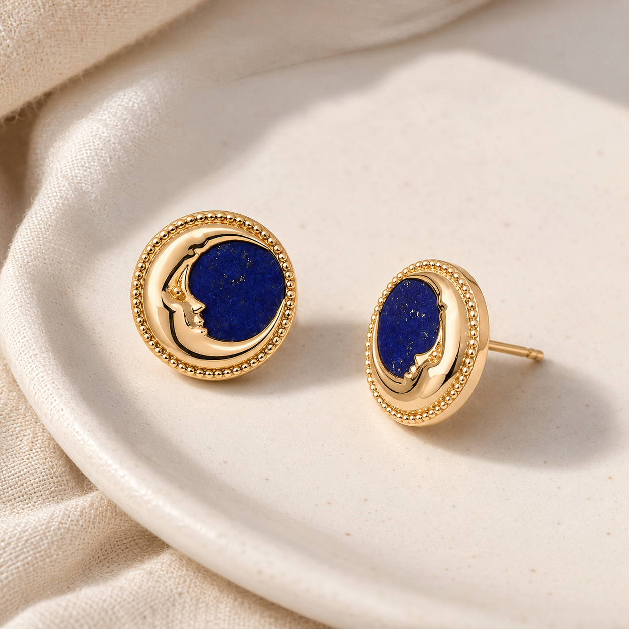 Vintage Gold lapis lazuli moon stud earrings with side view
