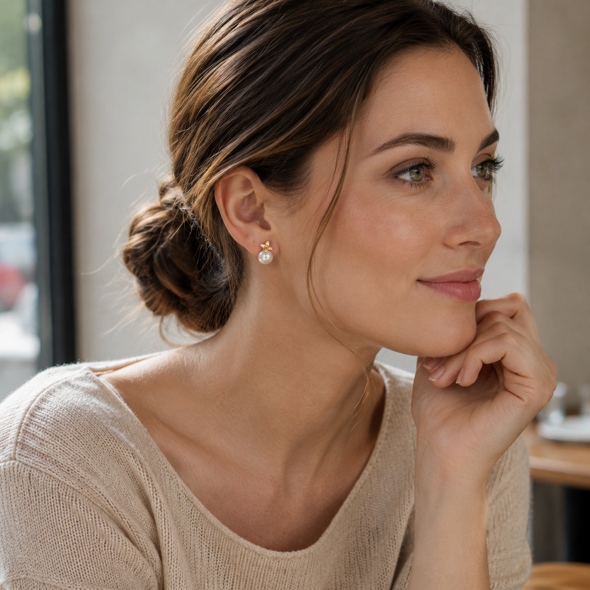 Model wearing Vintage Gold four-leaf shell pearl stud earrings