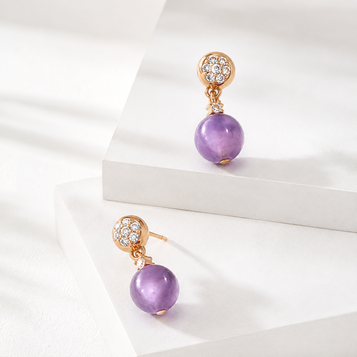 Vintage Gold Amethyst Drop Earrings shown from front and side views