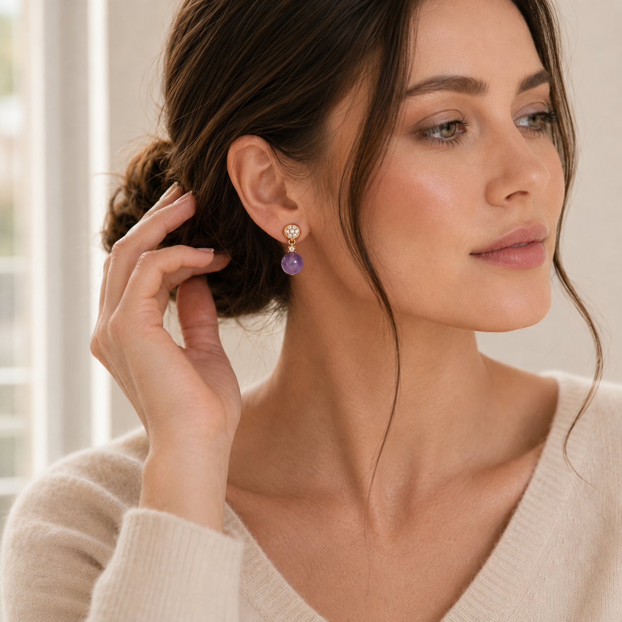 Model wearing Vintage Gold Amethyst Drop Earrings for an everyday look