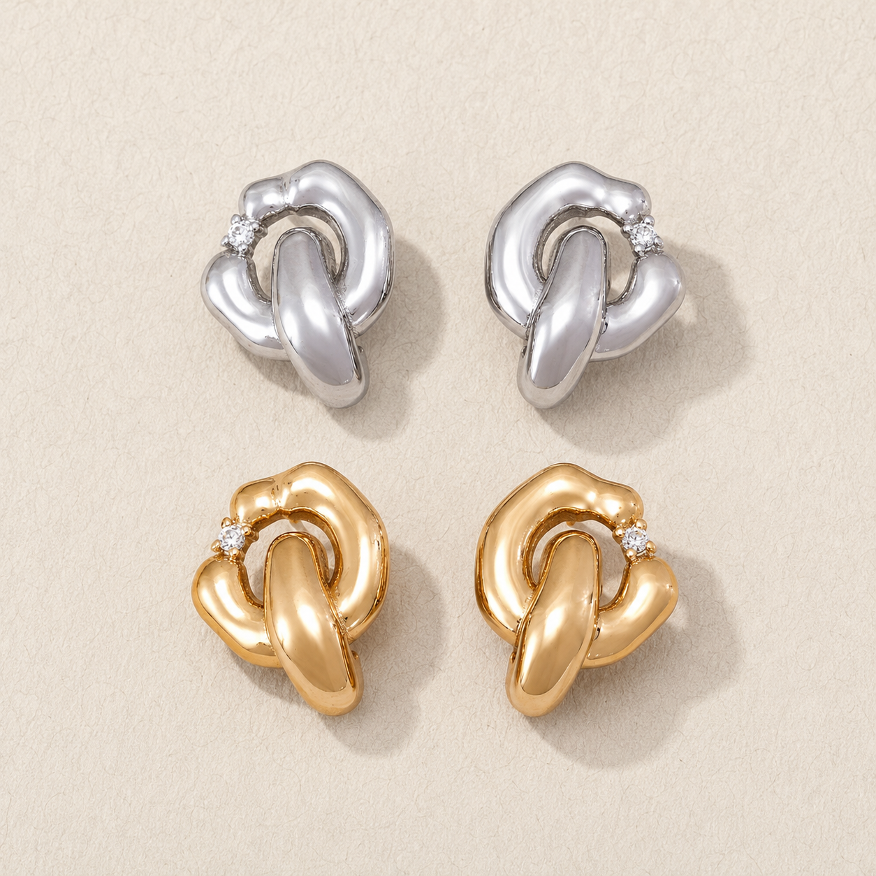 Vintage Gold and Silver Interlocking Zircon Earrings shown together