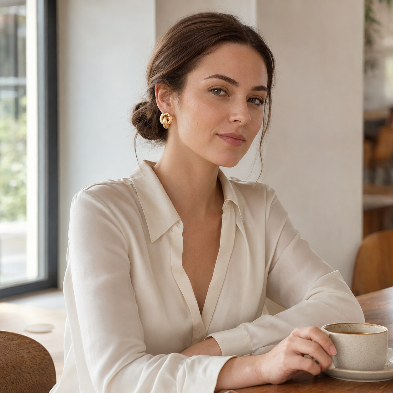 Model wearing Vintage Gold Interlocking Zircon Earrings with an ivory blouse