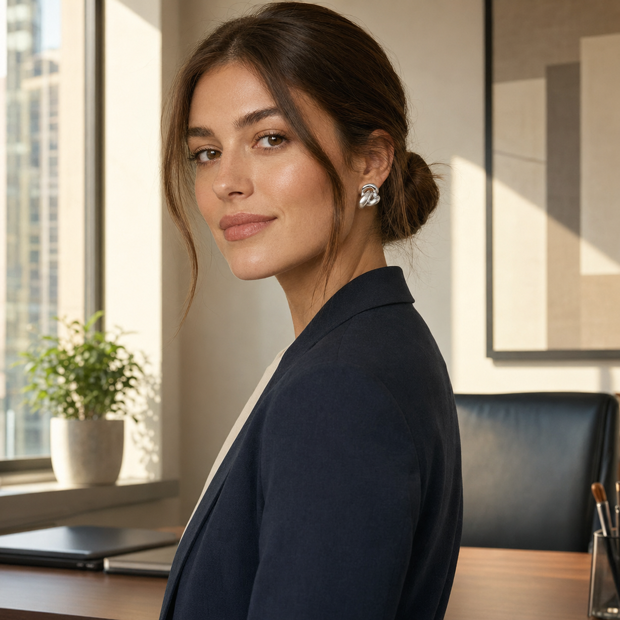 Model wearing Silver Interlocking Zircon Earrings with a navy blazer