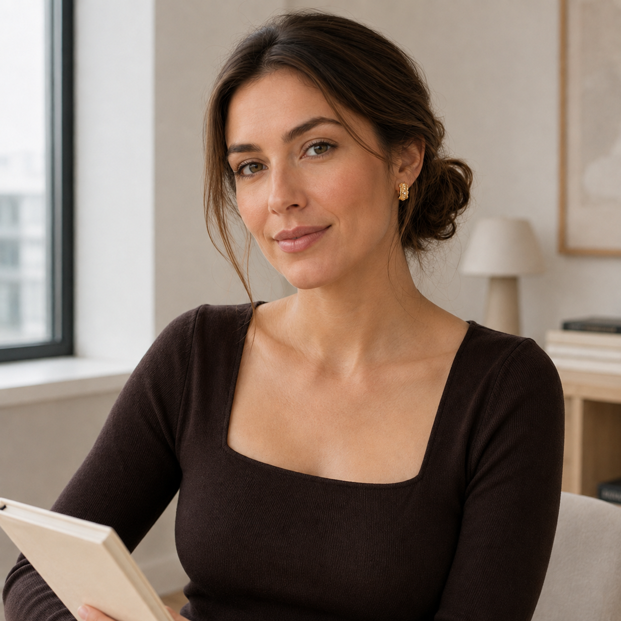 Model wearing Vintage Gold Vintage Zircon Stud Earrings with a brown knit top