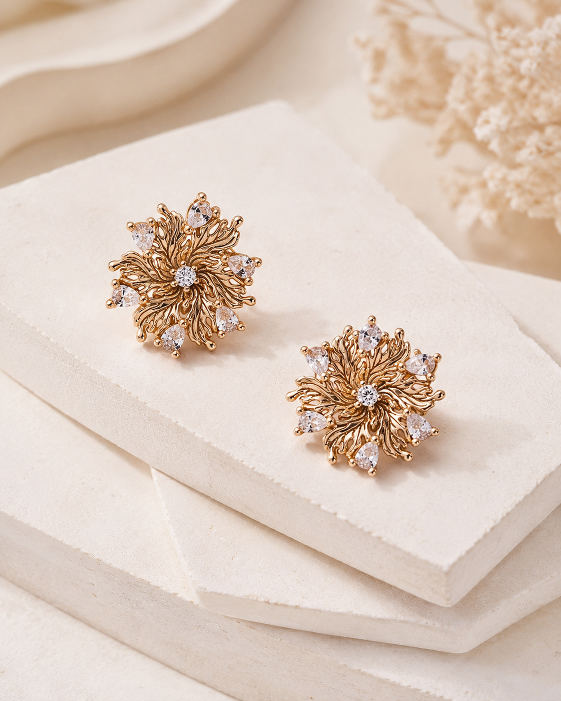 Vintage Gold six-petal lily zircon earrings