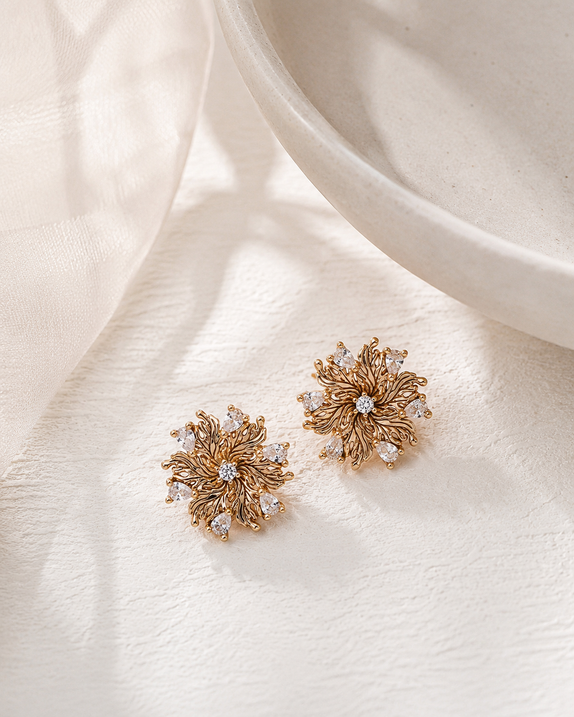 Vintage Gold six-petal lily zircon earrings