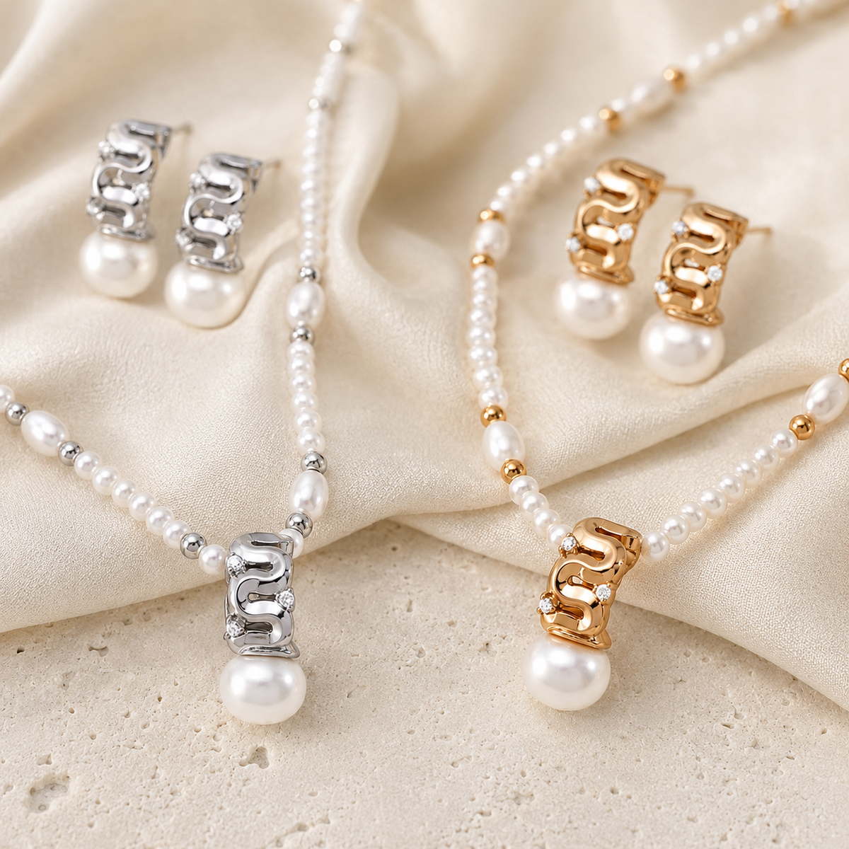 Vintage Gold and Silver sculpted pearl jewelry sets with matching necklaces and stud earrings