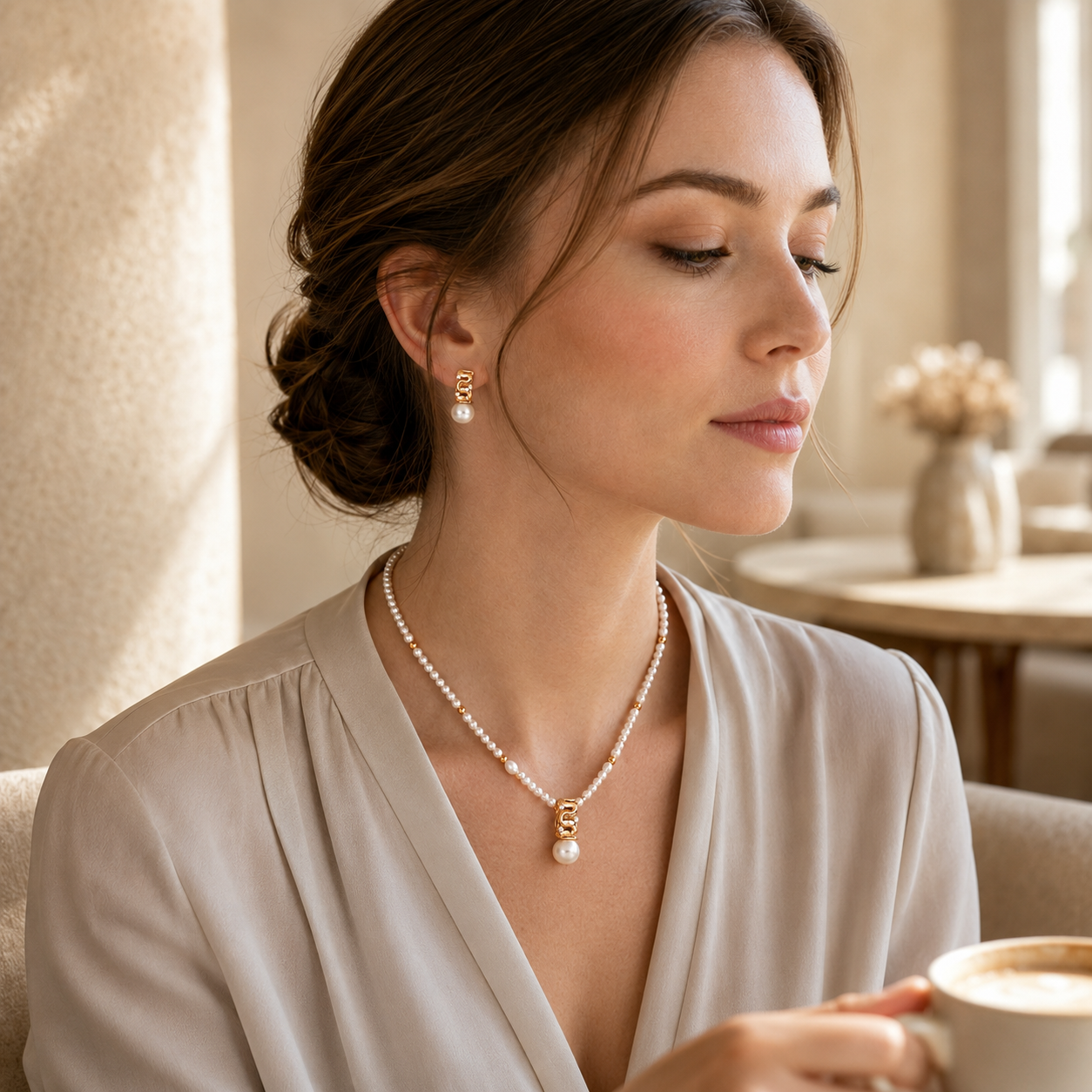 Model wearing Vintage Gold sculpted pearl jewelry set