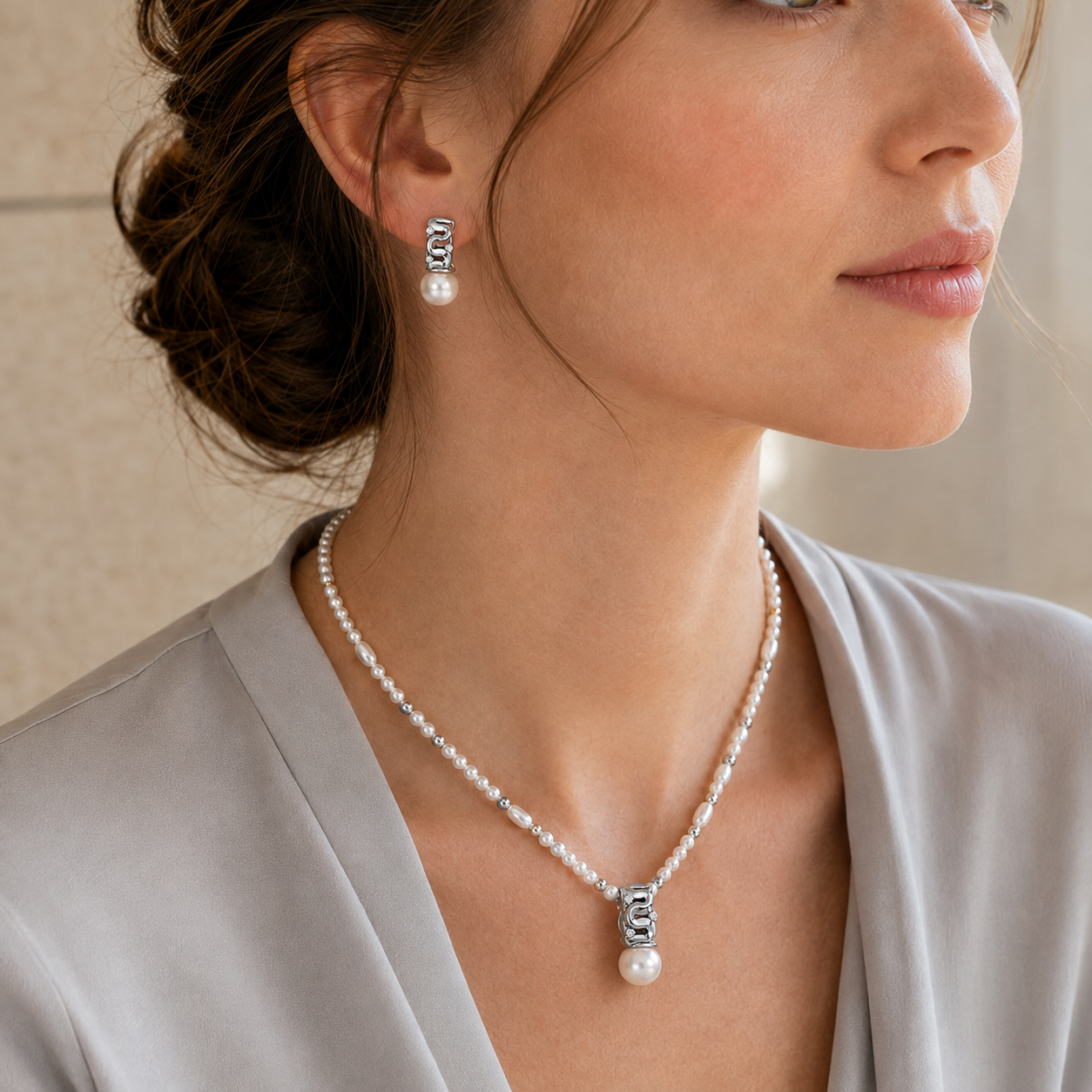 Close view of model wearing Silver sculpted pearl jewelry set
