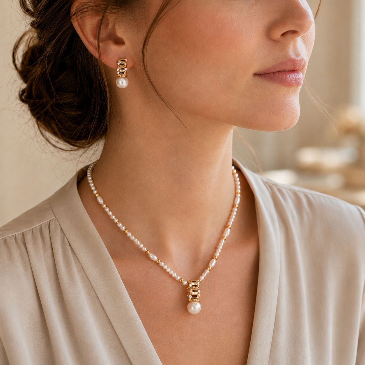 Close view of model wearing Vintage Gold sculpted pearl jewelry set