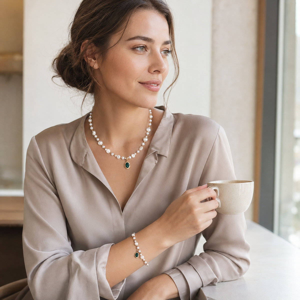 Model styling the Vintage Gold natural pearl necklace and bracelet set at a cafe