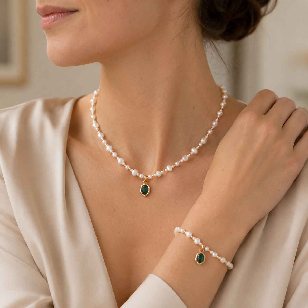 Close neckline and wrist view of the Vintage Gold pearl necklace and bracelet set