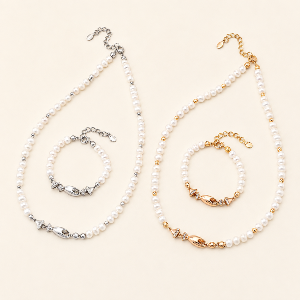 Vintage Gold and Silver natural pearl fish necklace and bracelet sets shown together