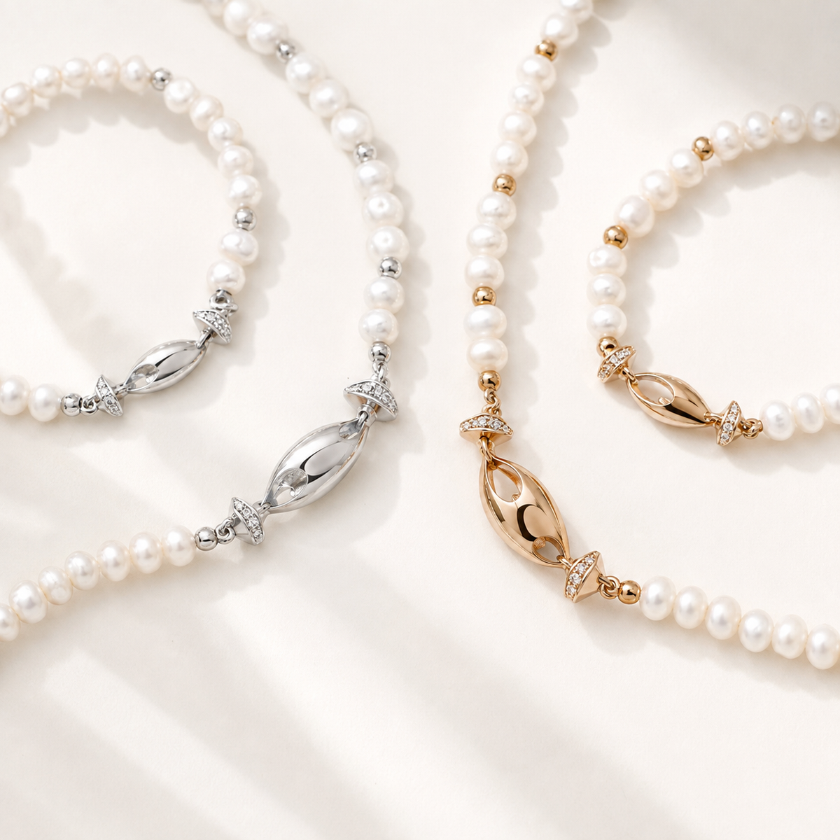 Close view of Vintage Gold and Silver natural pearl fish necklace and bracelet sets