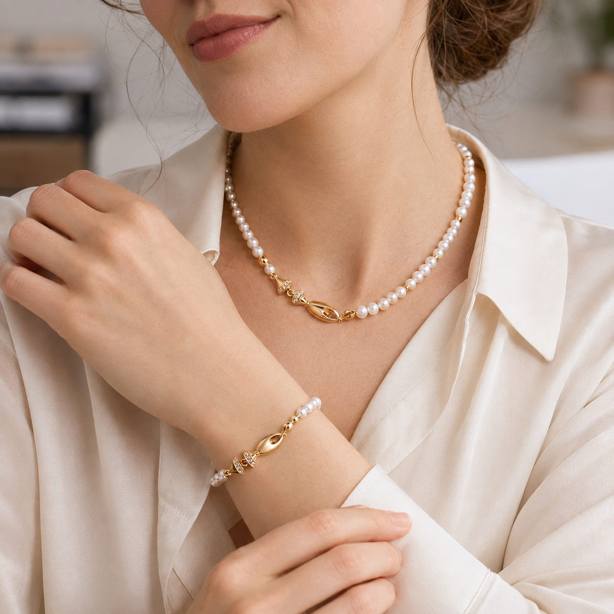 Close view of a model wearing the Vintage Gold natural pearl fish necklace and bracelet set