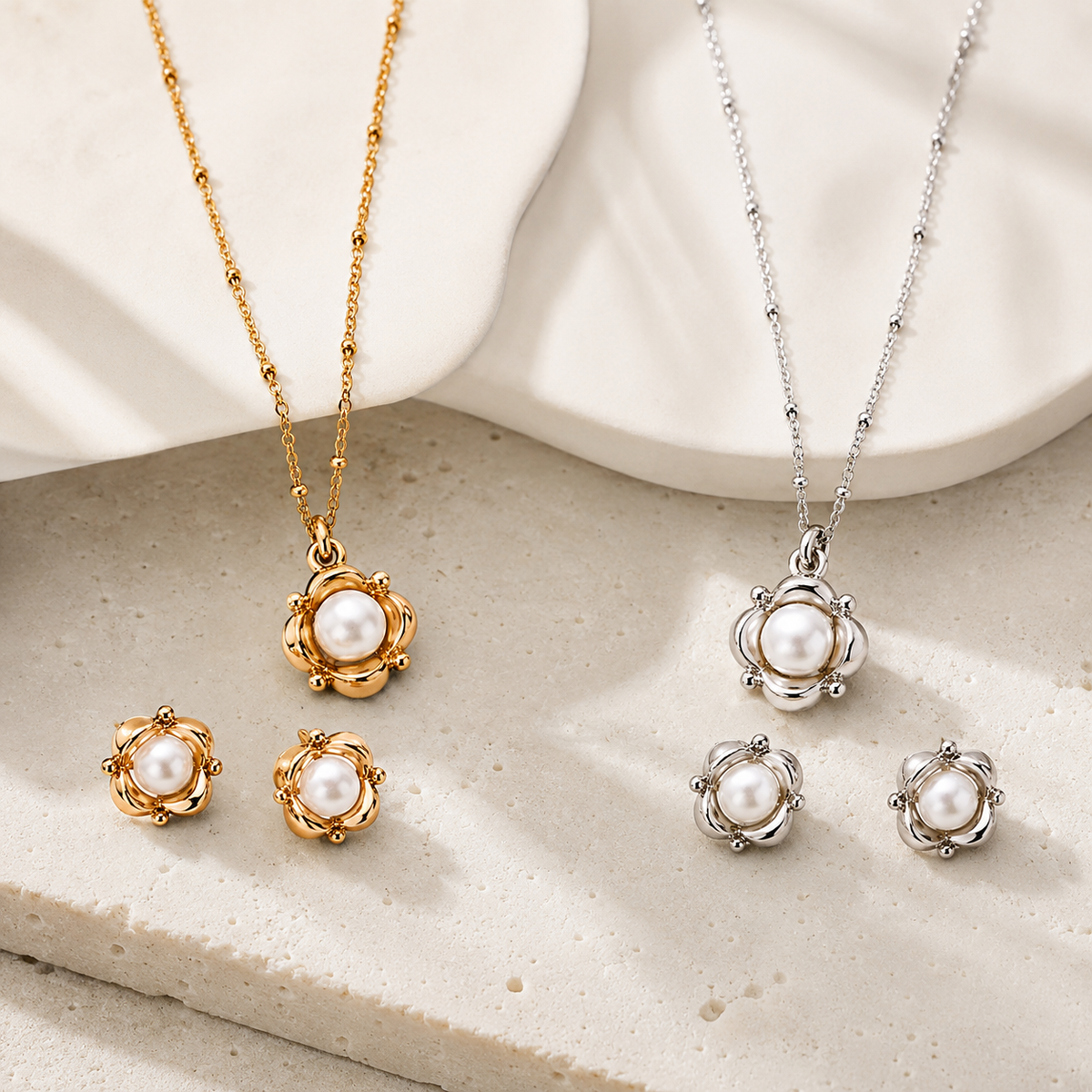 Vintage Gold and Silver Orbit Pearl Necklace and Stud Earring Jewelry Sets shown together