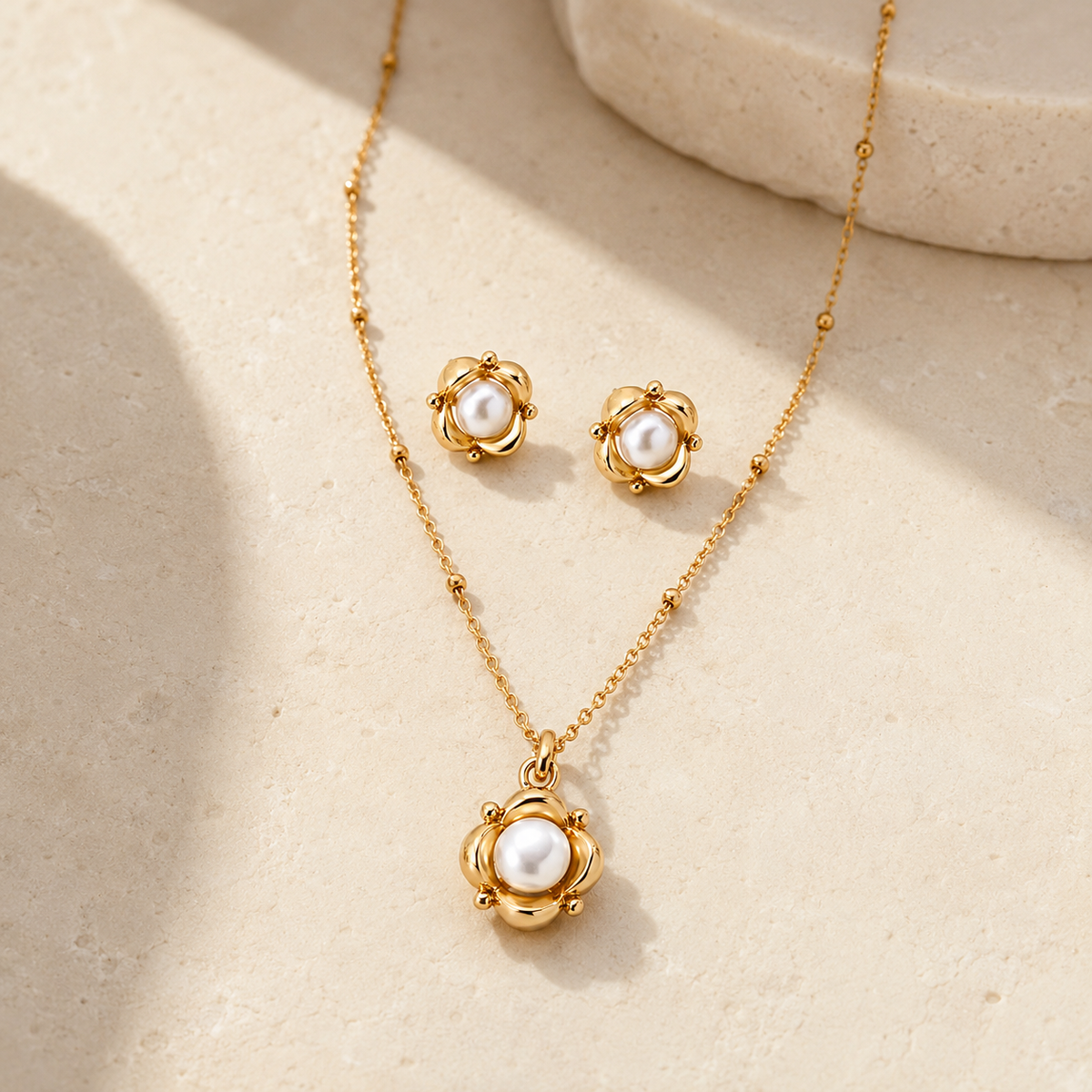 Vintage Gold Orbit Pearl Necklace and Stud Earring Jewelry Set