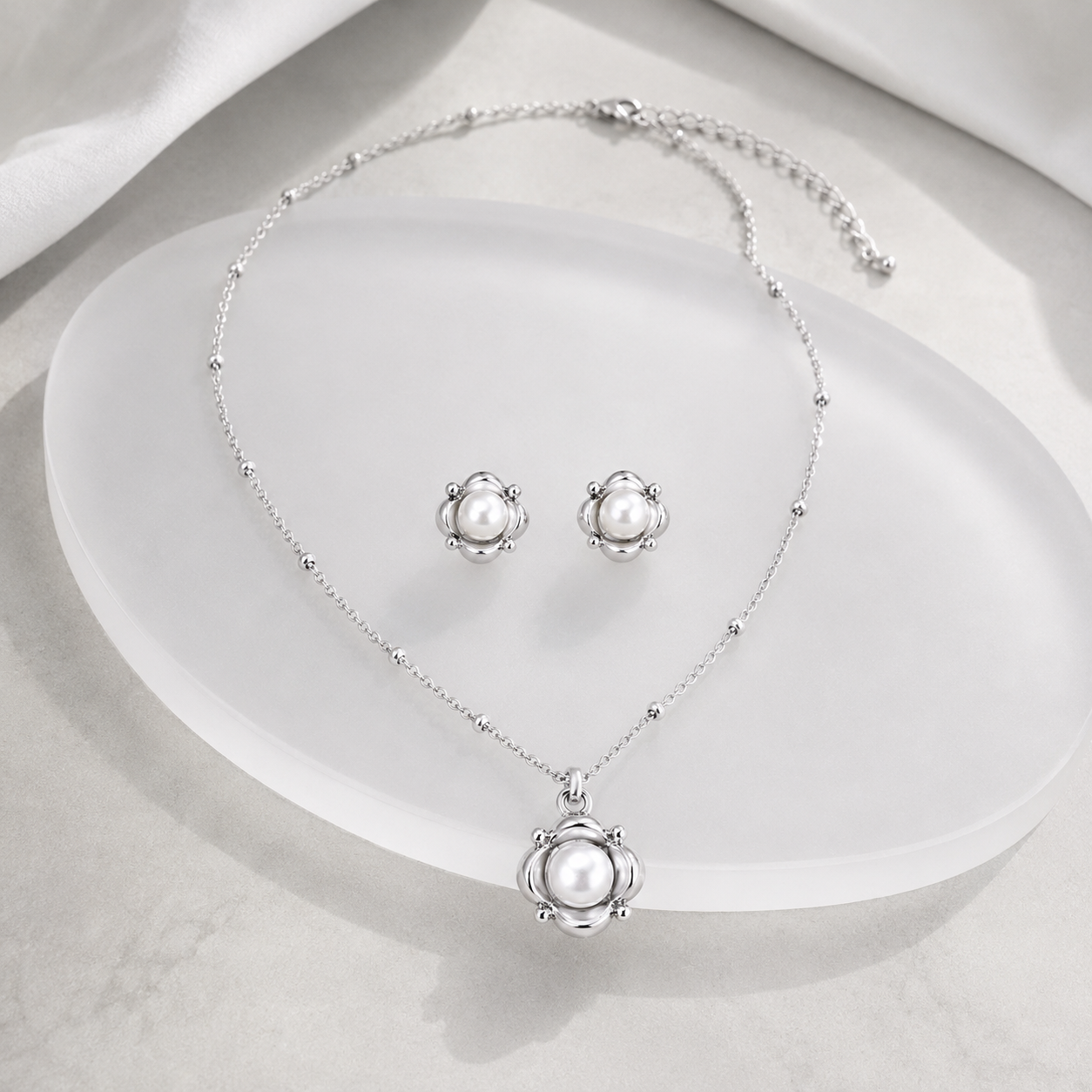 Silver Orbit Pearl Necklace and Stud Earring Jewelry Set