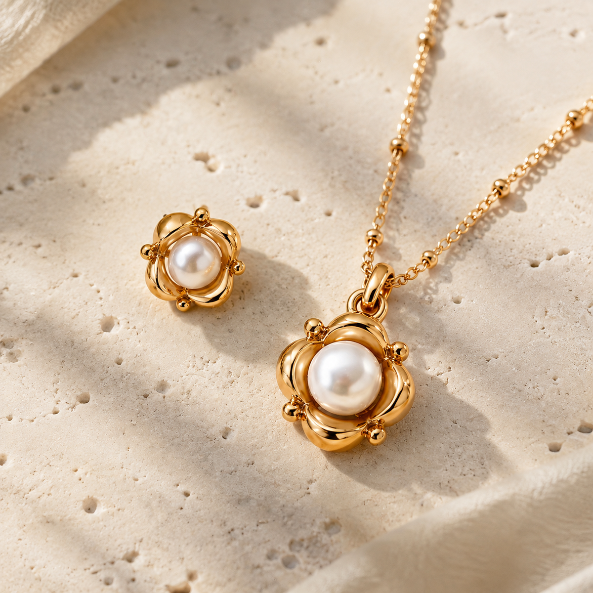 Close product view of the Vintage Gold Orbit Pearl Necklace and Stud Earring Set
