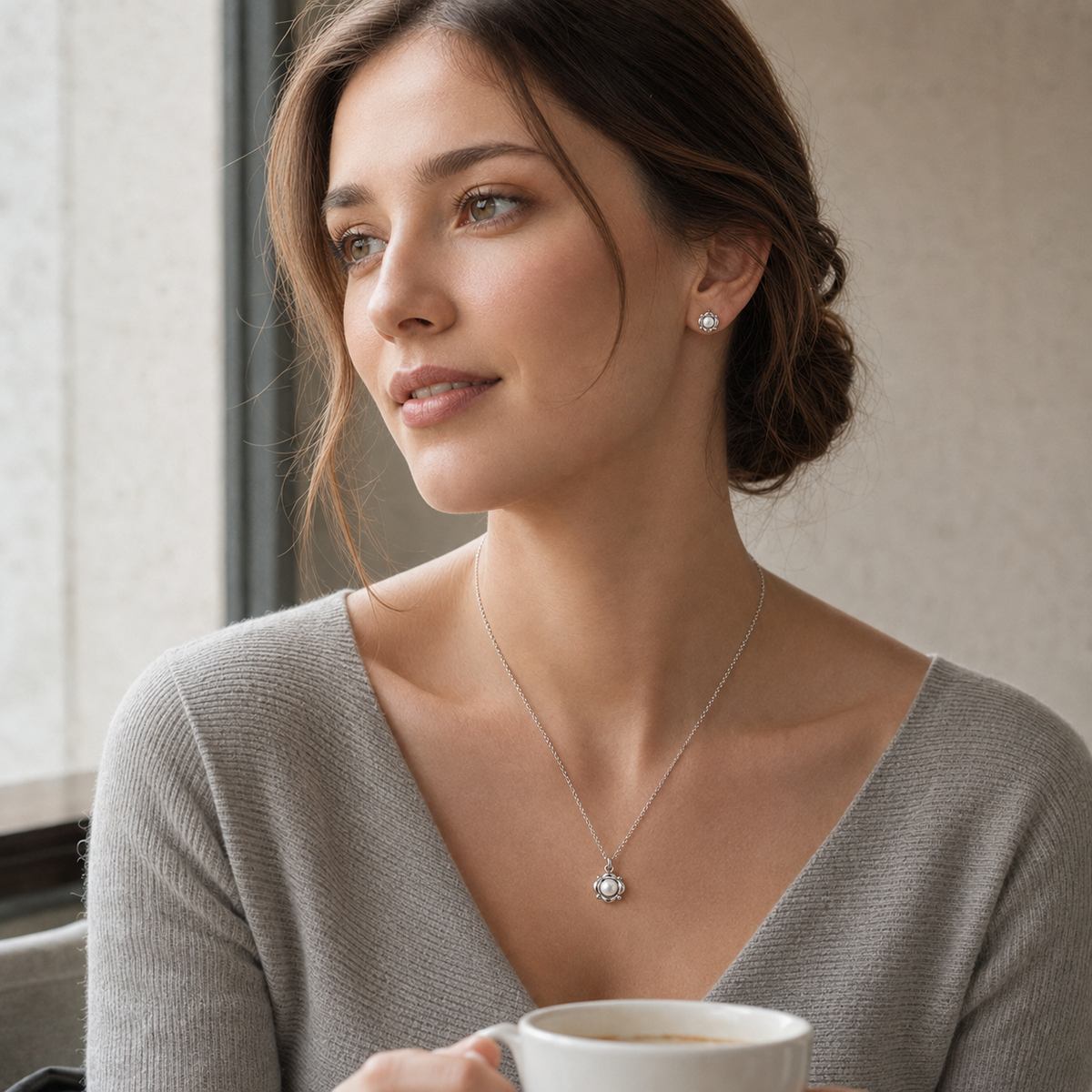 Model wearing the Silver Orbit Pearl Necklace and Stud Earring Set