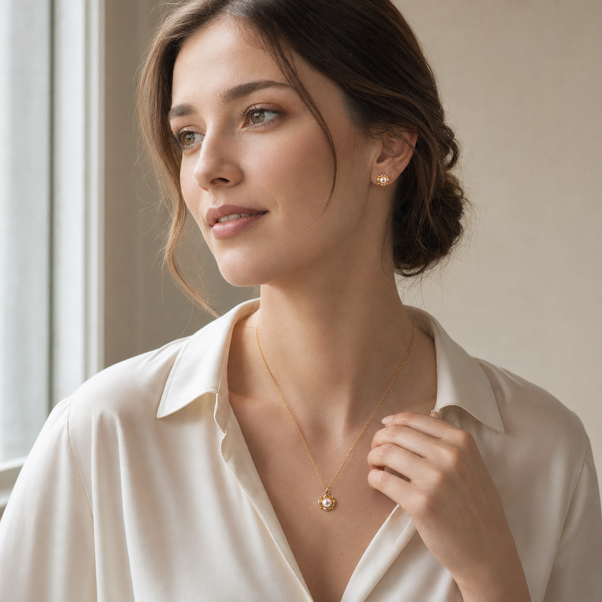 Model wearing the Vintage Gold Orbit Pearl Necklace and Stud Earring Set