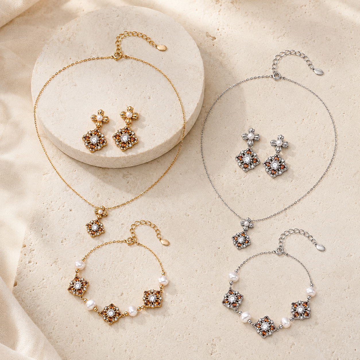 Vintage Gold and Silver auspicious bloom pearl jewelry sets shown together