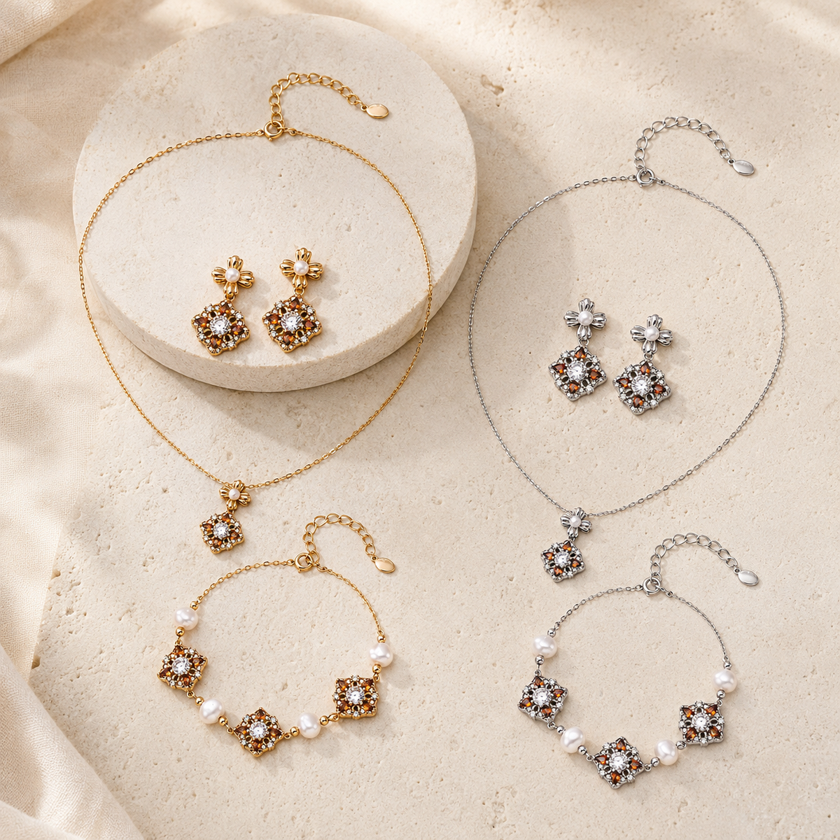 Vintage Gold and Silver auspicious bloom pearl jewelry sets shown together