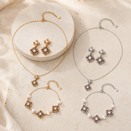 Vintage Gold and Silver auspicious bloom pearl jewelry sets shown together