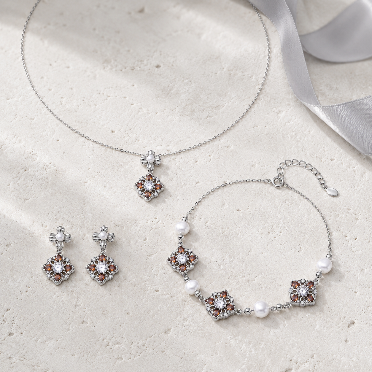 Silver auspicious bloom pearl jewelry set with necklace earrings and bracelet