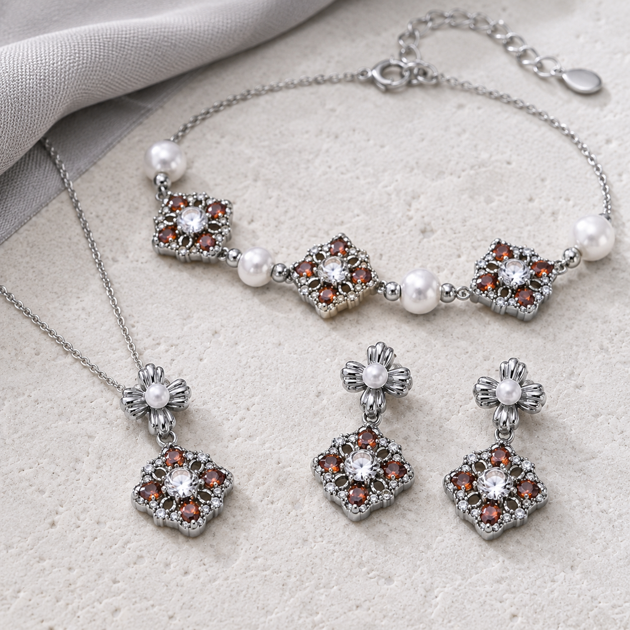 Silver auspicious bloom pearl jewelry set detail