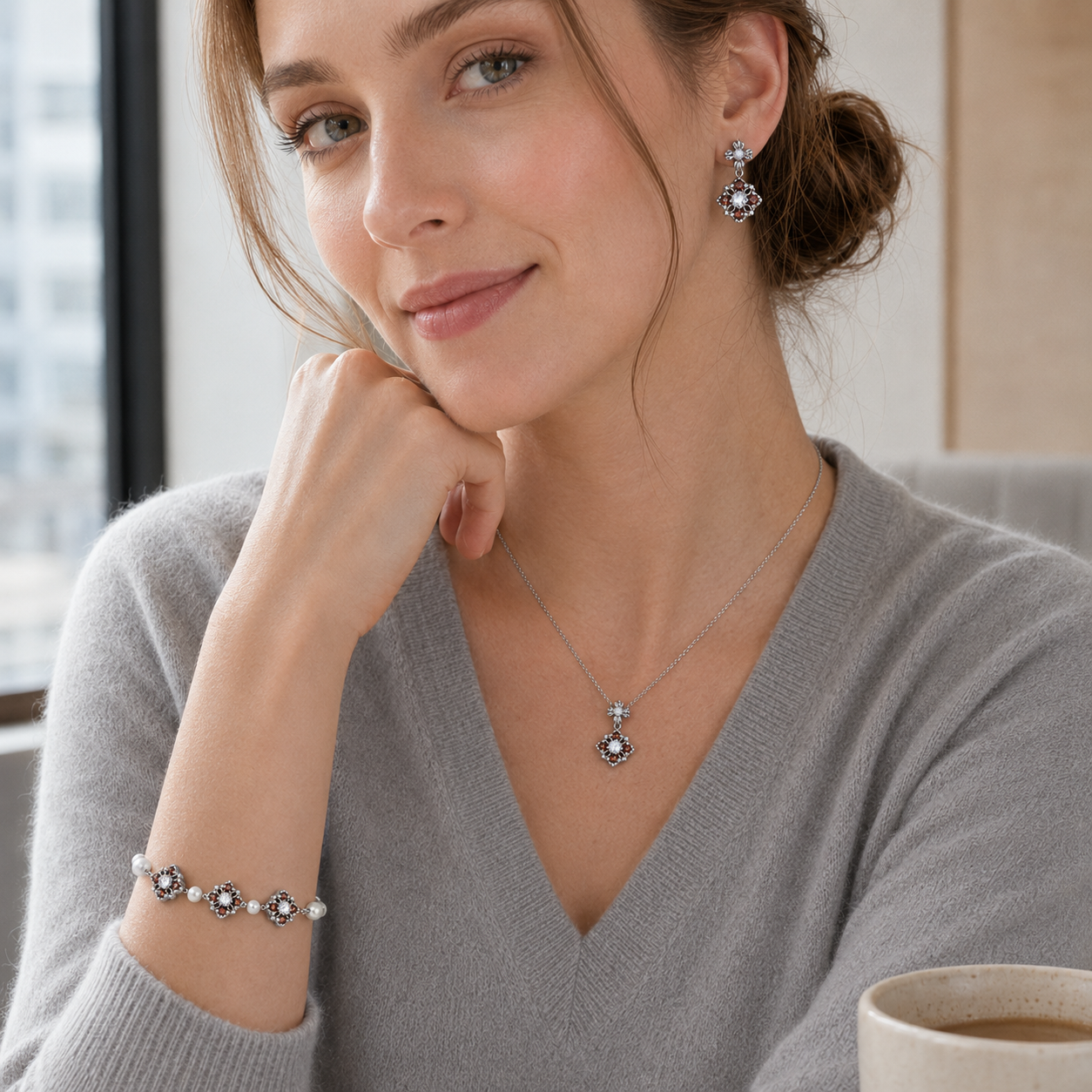 Model wearing the Silver auspicious bloom pearl jewelry set