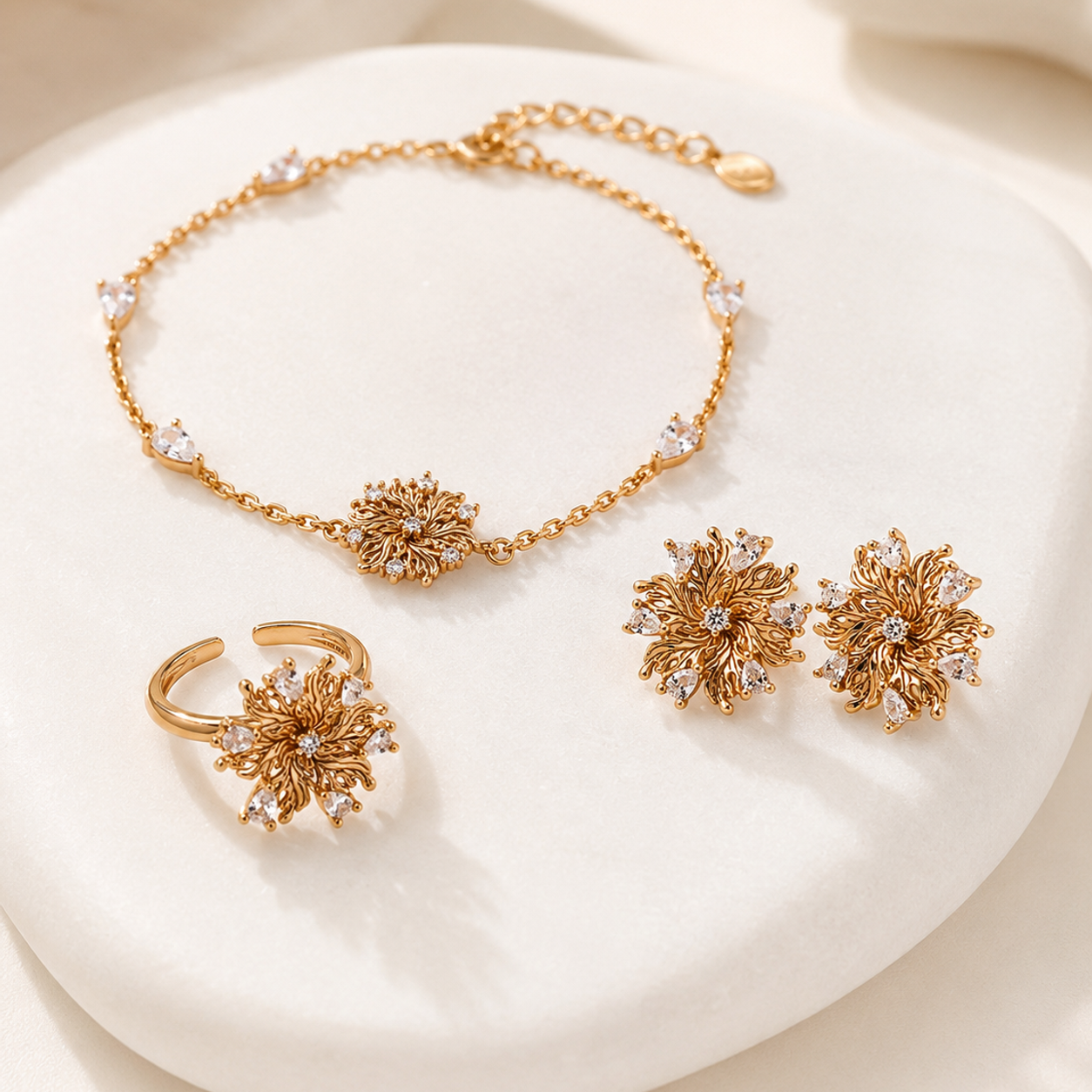 Vintage Gold Six-Petal Lily Jewelry Set with ring, bracelet, and stud earrings