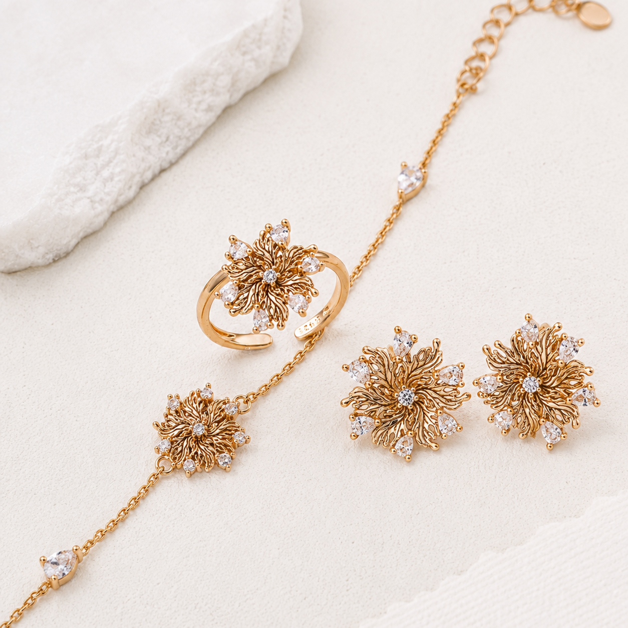 Vintage Gold Six-Petal Lily ring, bracelet, and stud earrings