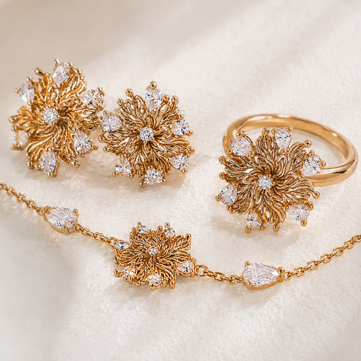 Close-up of the Vintage Gold Six-Petal Lily Jewelry Set