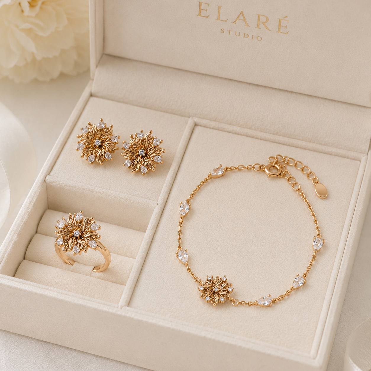 Six-Petal Lily Jewelry Set presented in an Elaré Studio jewelry case