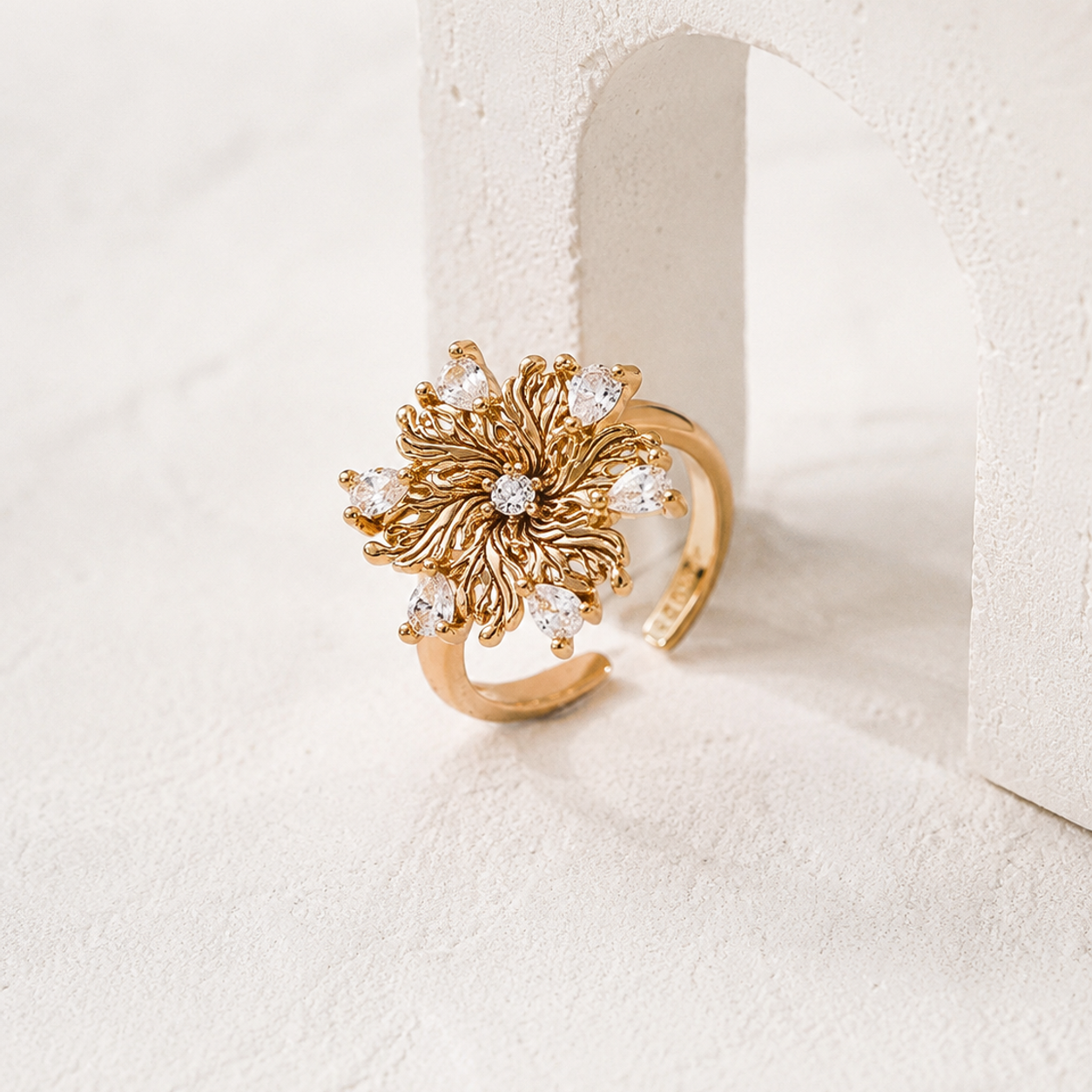 Six-Petal Lily adjustable ring in Vintage Gold with cubic zirconia
