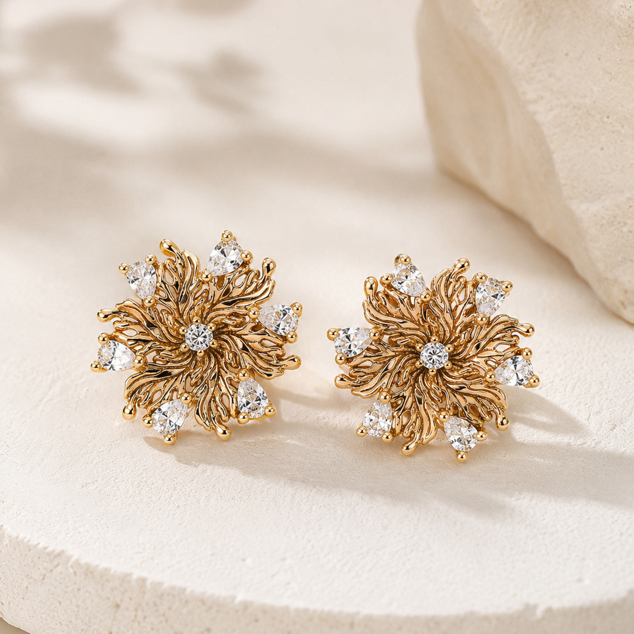 Six-Petal Lily stud earrings in Vintage Gold with cubic zirconia