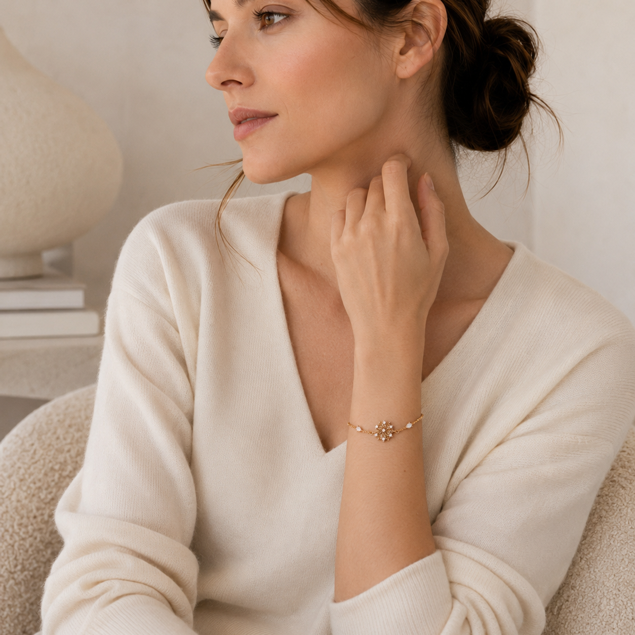 Model wearing the Vintage Gold Six-Petal Lily Bracelet