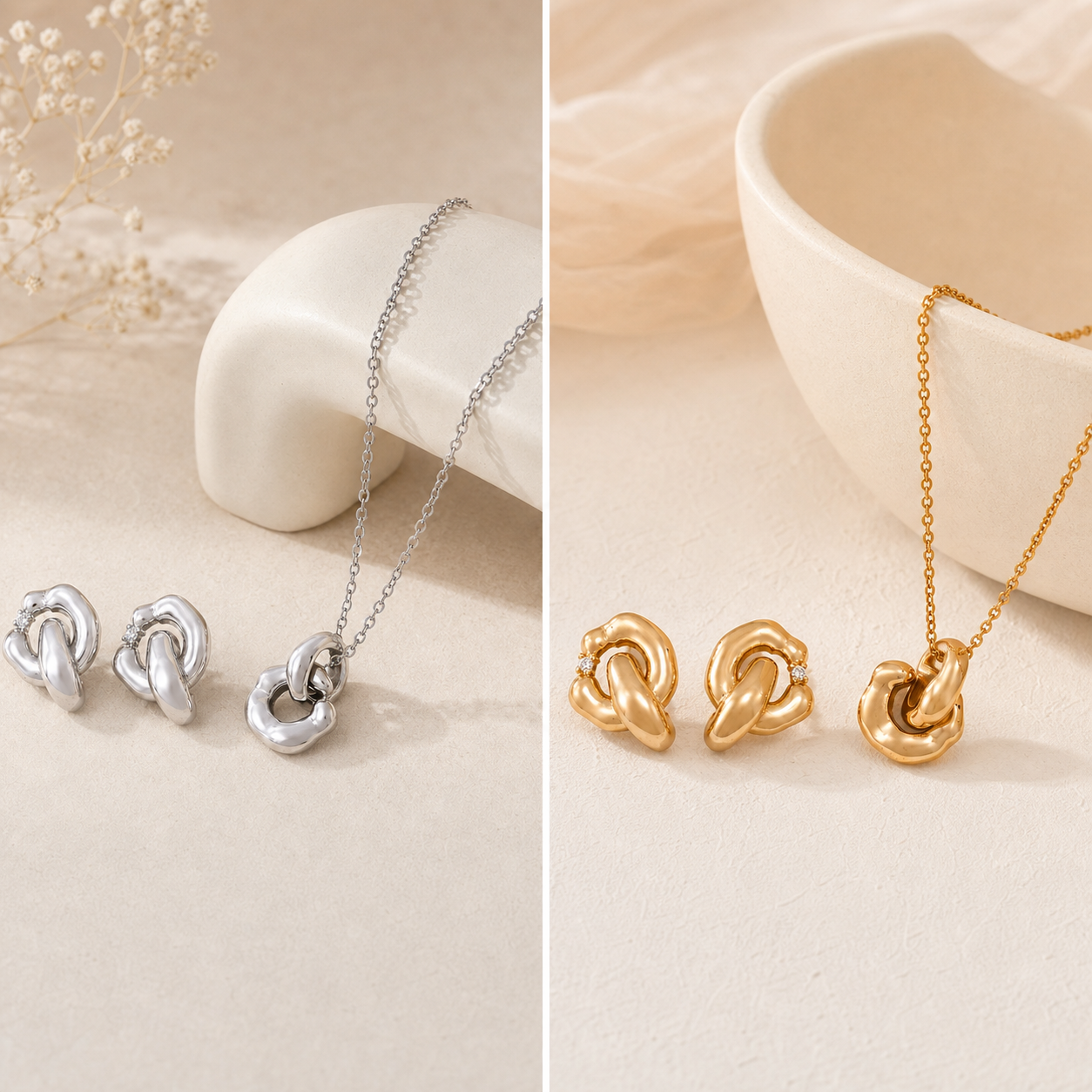 Silver and Vintage Gold Interlocking Jewelry Sets shown together