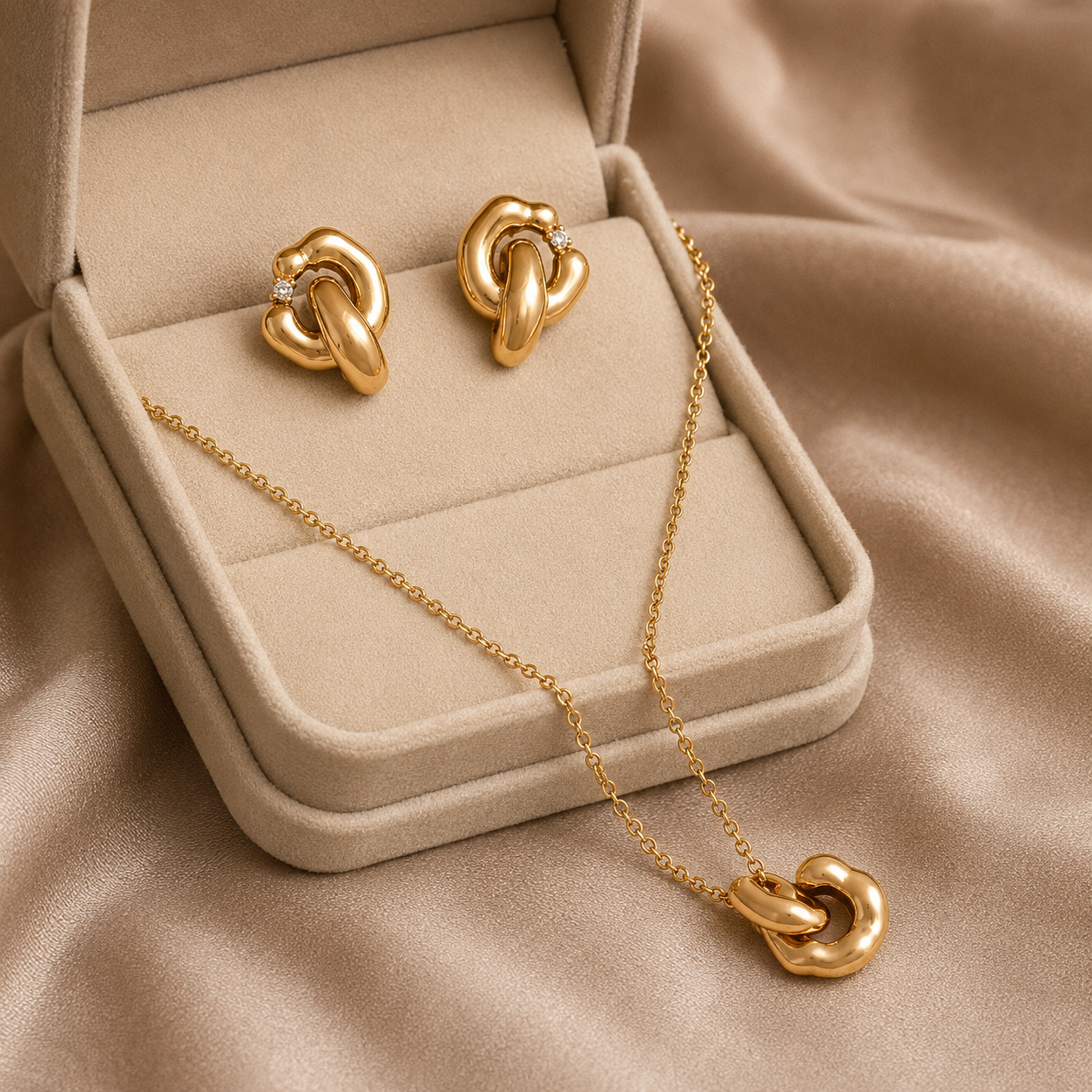 Vintage Gold Interlocking Jewelry Set arranged in an ivory jewelry case