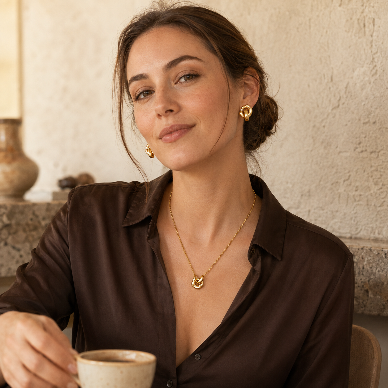 Model wearing the Vintage Gold Interlocking Jewelry Set