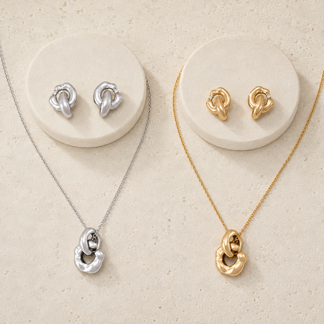Silver and Vintage Gold Interlocking Jewelry Sets shown together